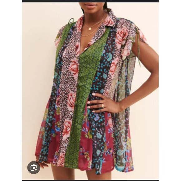 Free People Patchwork Floral Leopard Print Sheer Button Down Shirt Dress Tunic - Picture 1 of 5